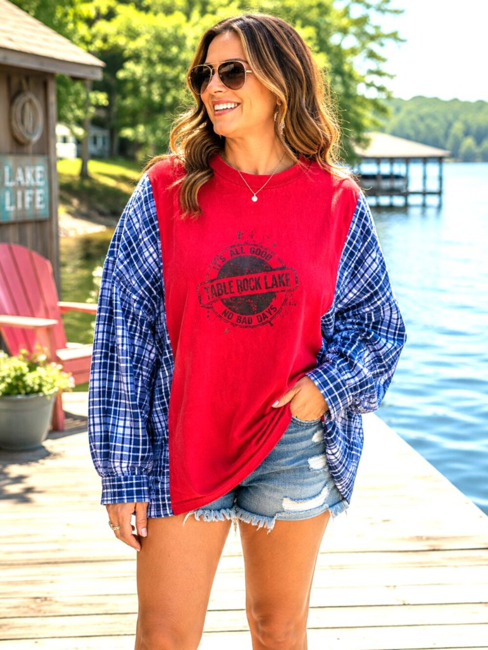 Reworked Flannel Shirt, Upcycled Oversized Table Rock Lake Graphic Size XL - 2XL